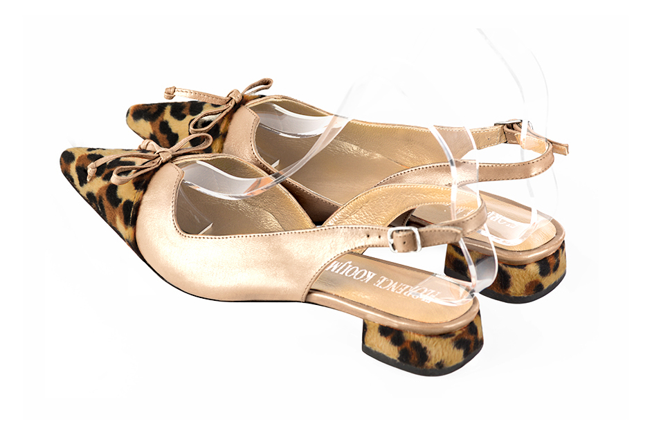 Safari black and gold women's open back shoes, with a knot. Pointed toe. Flat flare heels. Rear view - Florence KOOIJMAN